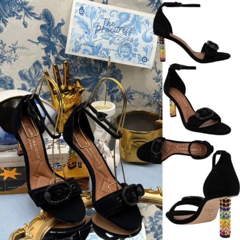 🆕 KURT GEIGER LONDON 🧿 NWOB Crystal Mayfair Sandals Black Suede Sz EU38 US 7.5